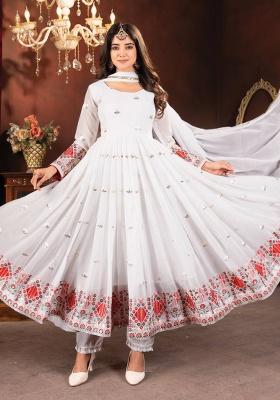 White Embroidery Faux Blooming Anarkali Gown