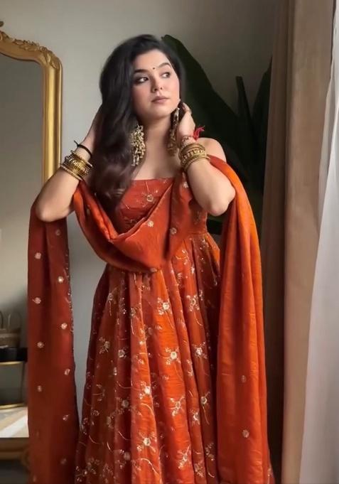 Rust Orange Embroidery Silk Anarkali Gown