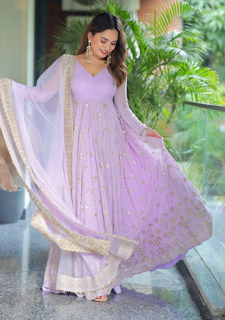 Light Purple Sequin Work Faux Blooming Anarkali Set - Indya