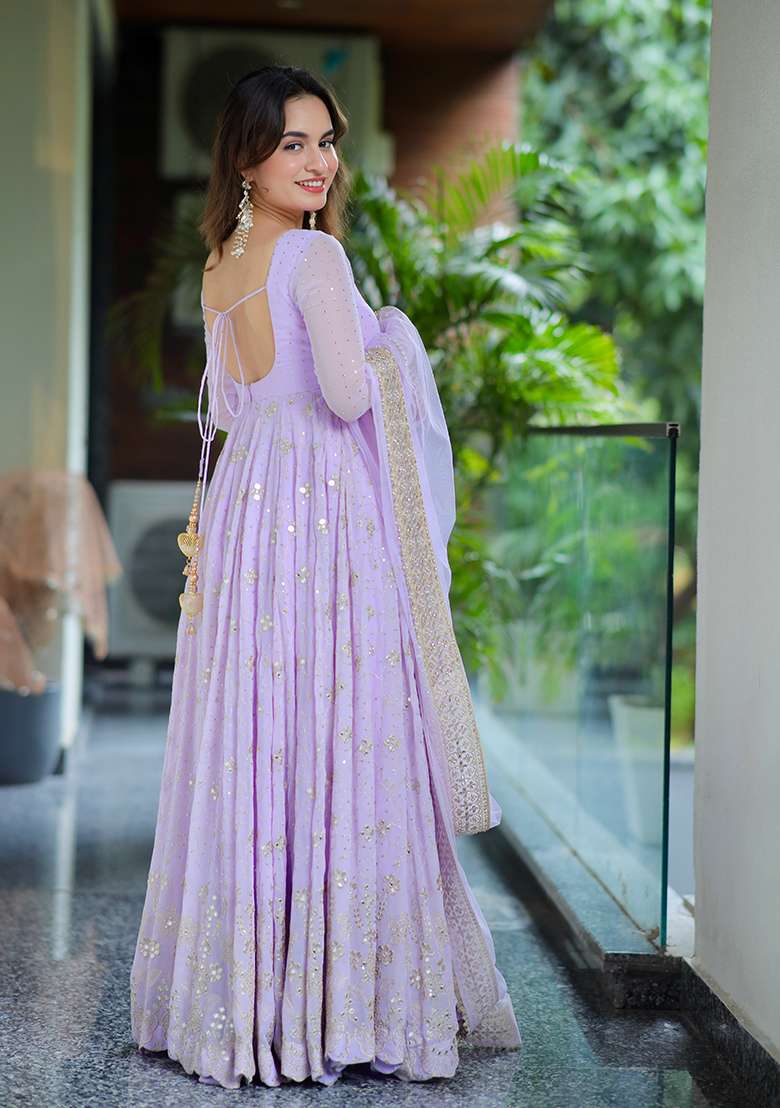 Light Purple Sequin Work Faux Blooming Anarkali Set - Indya