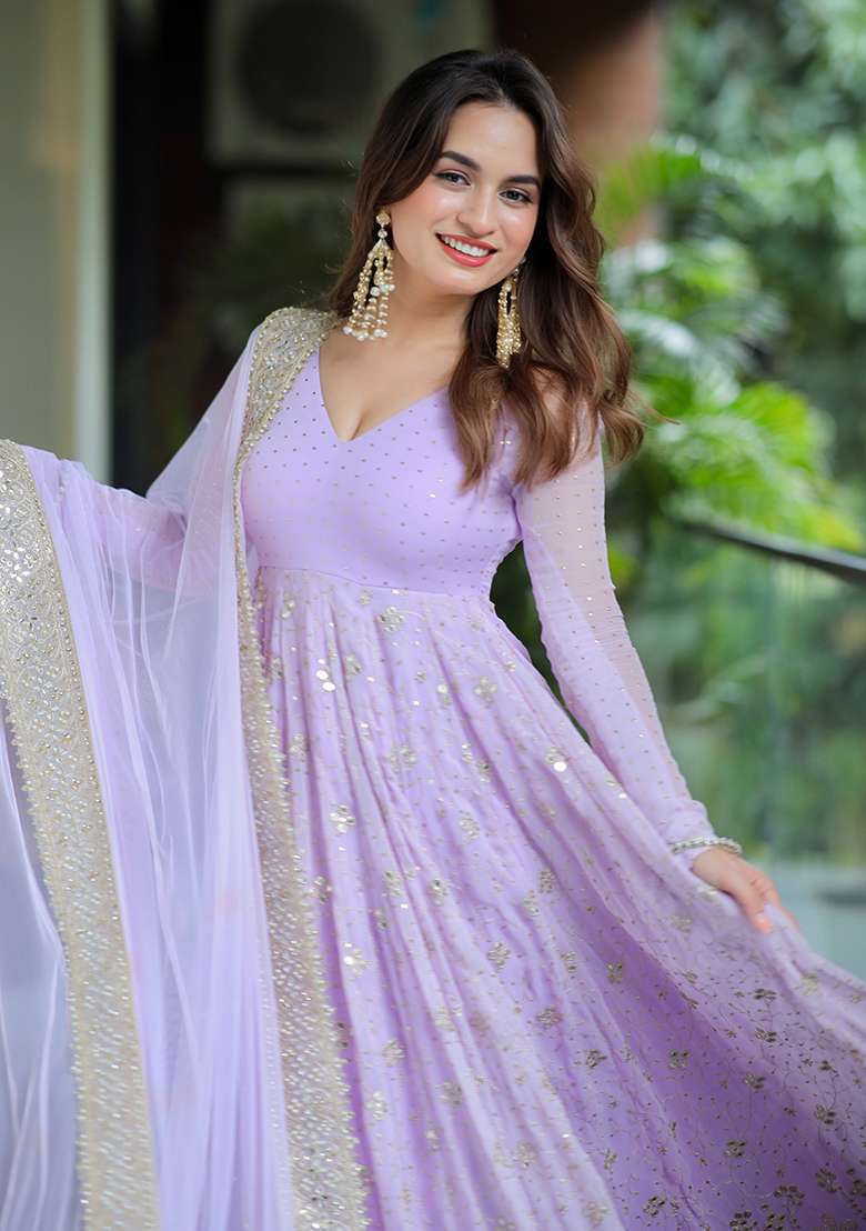 Light Purple Sequin Work Faux Blooming Anarkali Set - Indya