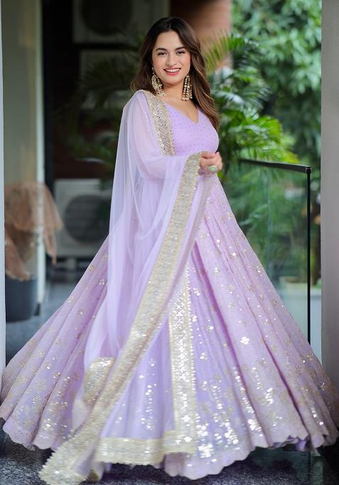 Light Purple Embroidery Faux Blooming Anarkali Gown