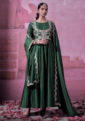 Green Embroidered Silk Blend Anarkali Set