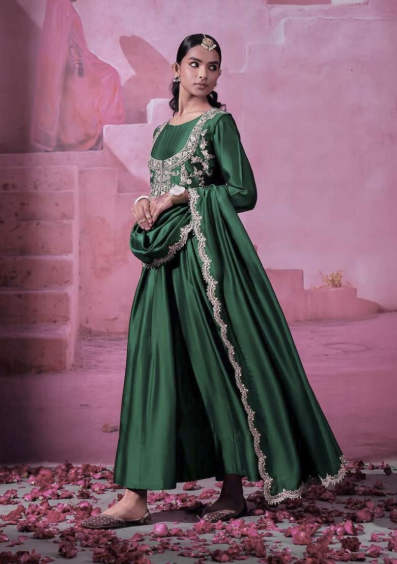 Green Embroidered Silk Blend Anarkali Set - Indya