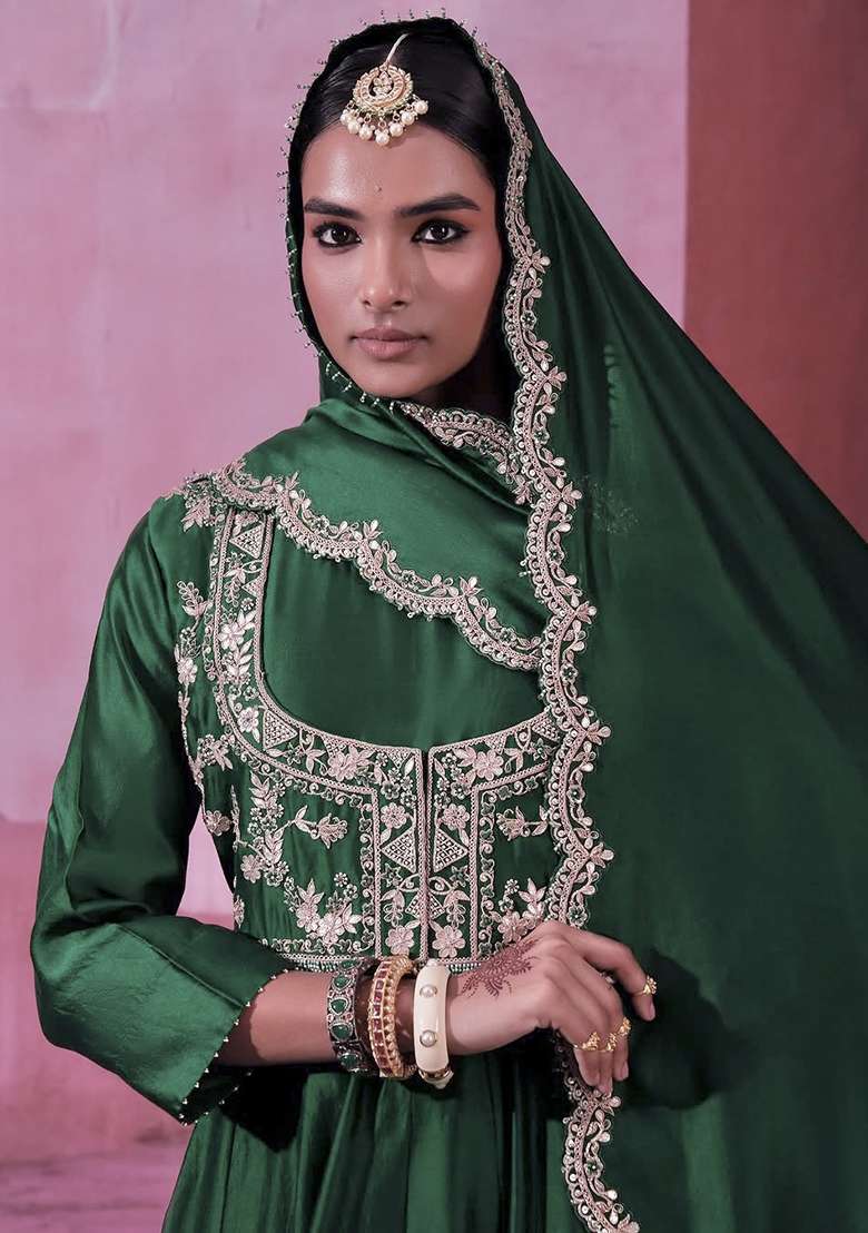 Green Embroidered Silk Blend Anarkali Set - Indya