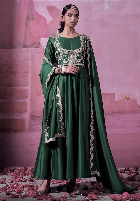 Green Embroidery Silk Anarkali Gown