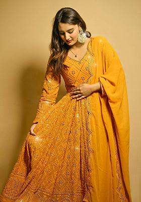 Yellow Embroidery Faux Blooming Anarkali Gown