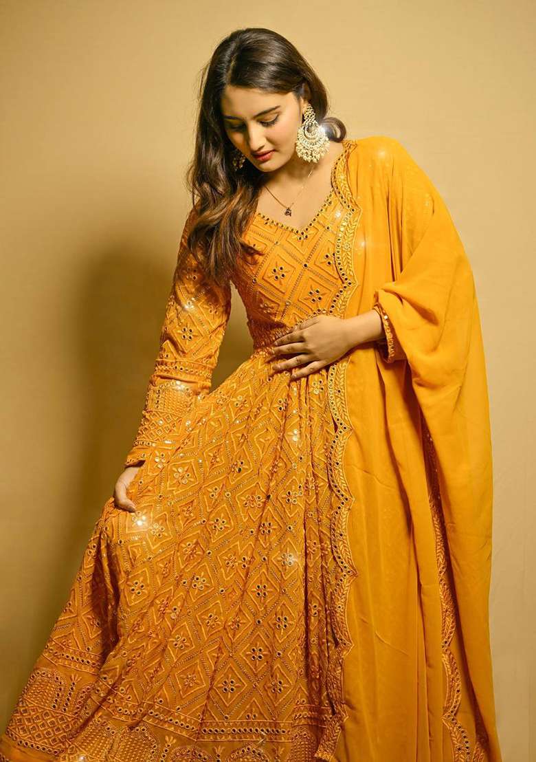 Yellow Embroidered Faux Blooming Anarkali - Indya