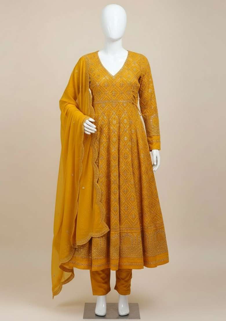 Yellow Embroidered Faux Blooming Anarkali - Indya