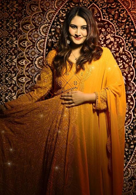 Yellow Embroidery Faux Blooming Anarkali Gown