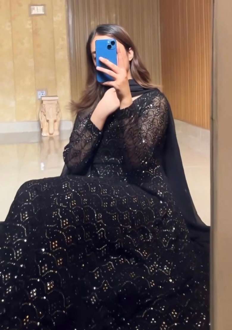 Black Embroidered Faux Blooming Anarkali Set - Indya