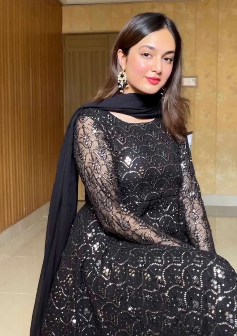 Black Embroidered Faux Blooming Anarkali Set - Indya