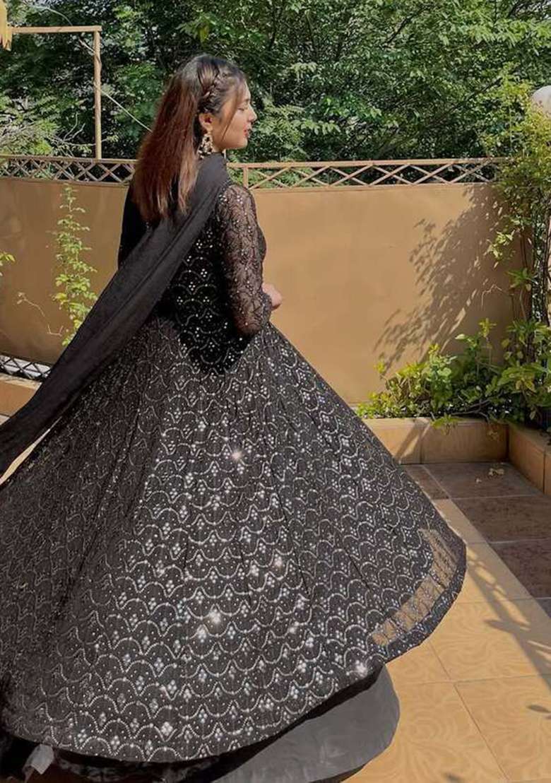 Black Embroidered Faux Blooming Anarkali Set - Indya