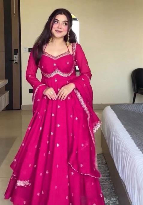 Pink Embroidery Faux Blooming Anarkali Gown