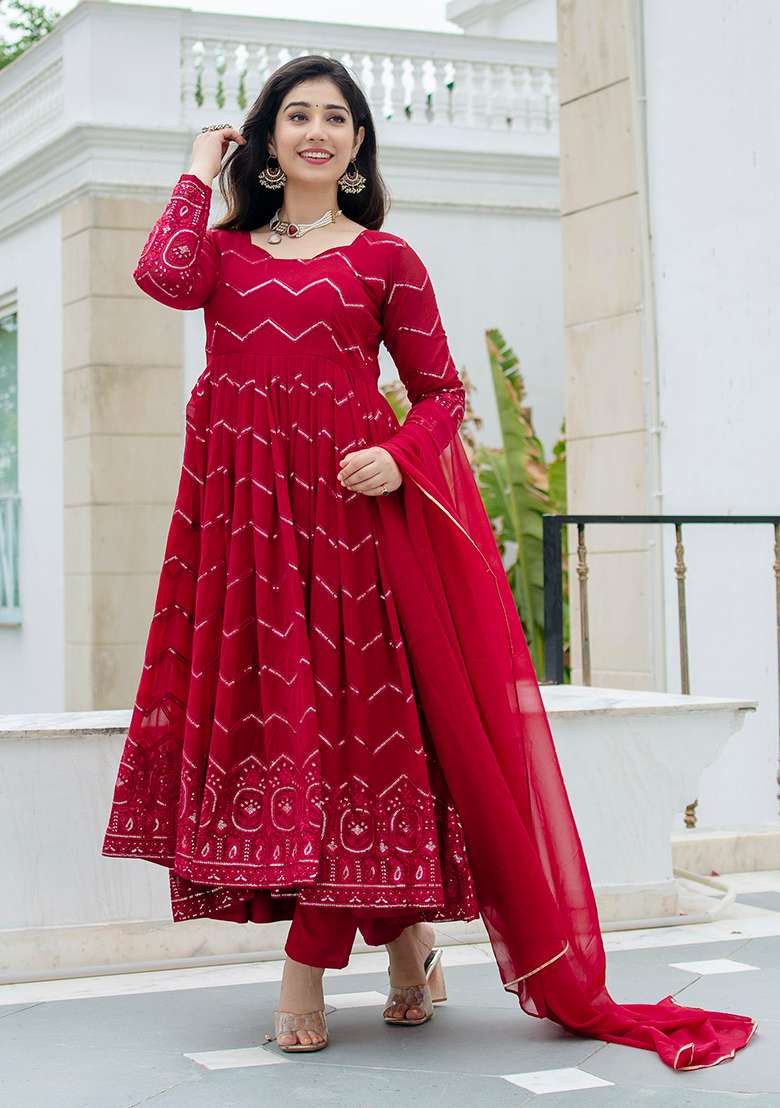 Maroon Embroidered Faux Blooming Anarkali Set - Indya