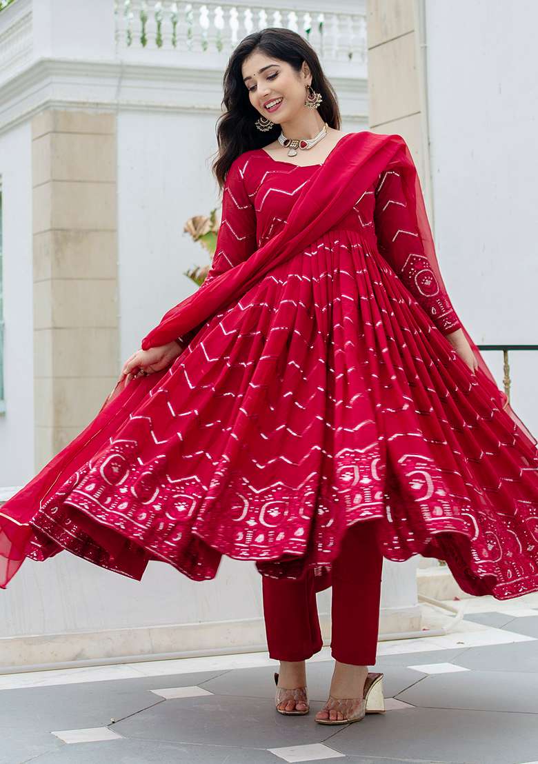 Maroon Embroidered Faux Blooming Anarkali Set - Indya
