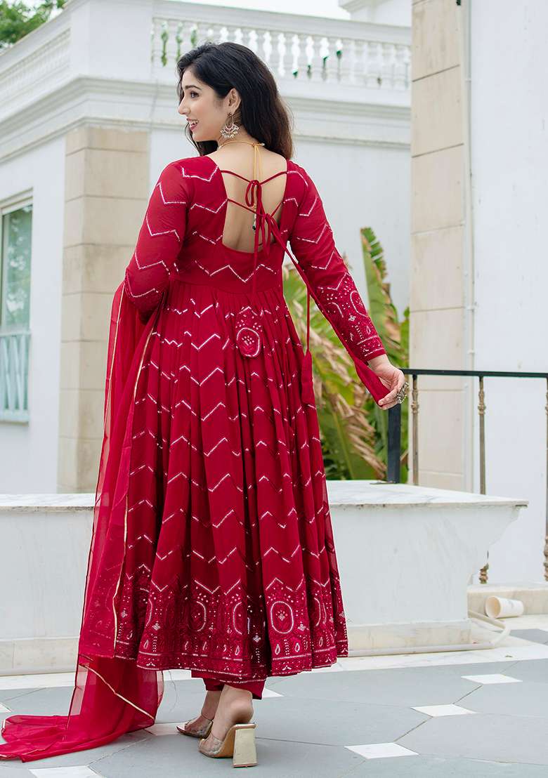 Maroon Embroidered Faux Blooming Anarkali Set - Indya