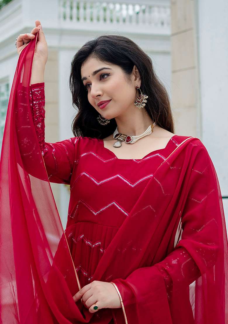 Maroon Embroidered Faux Blooming Anarkali Set - Indya
