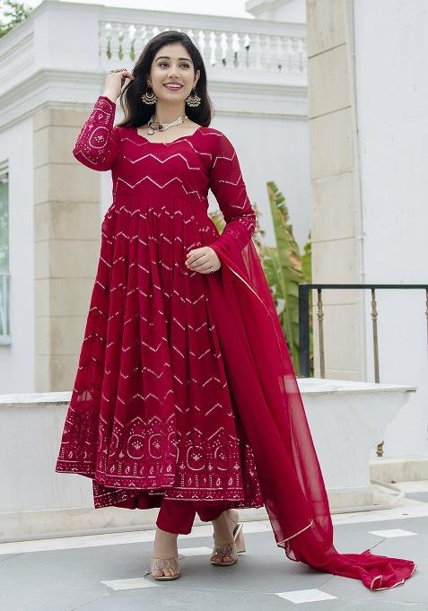 Maroon Embroidery Faux Blooming Anarkali Gown