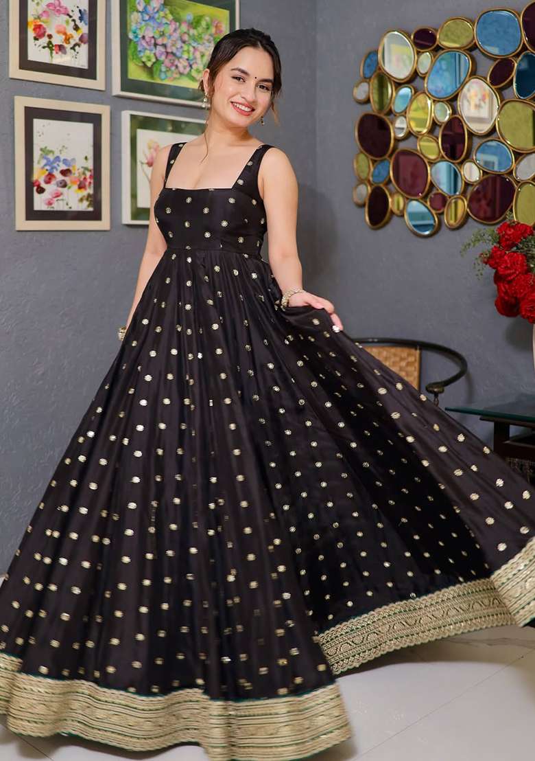 Black Embroidery Silk Anarkali Gown - Indya
