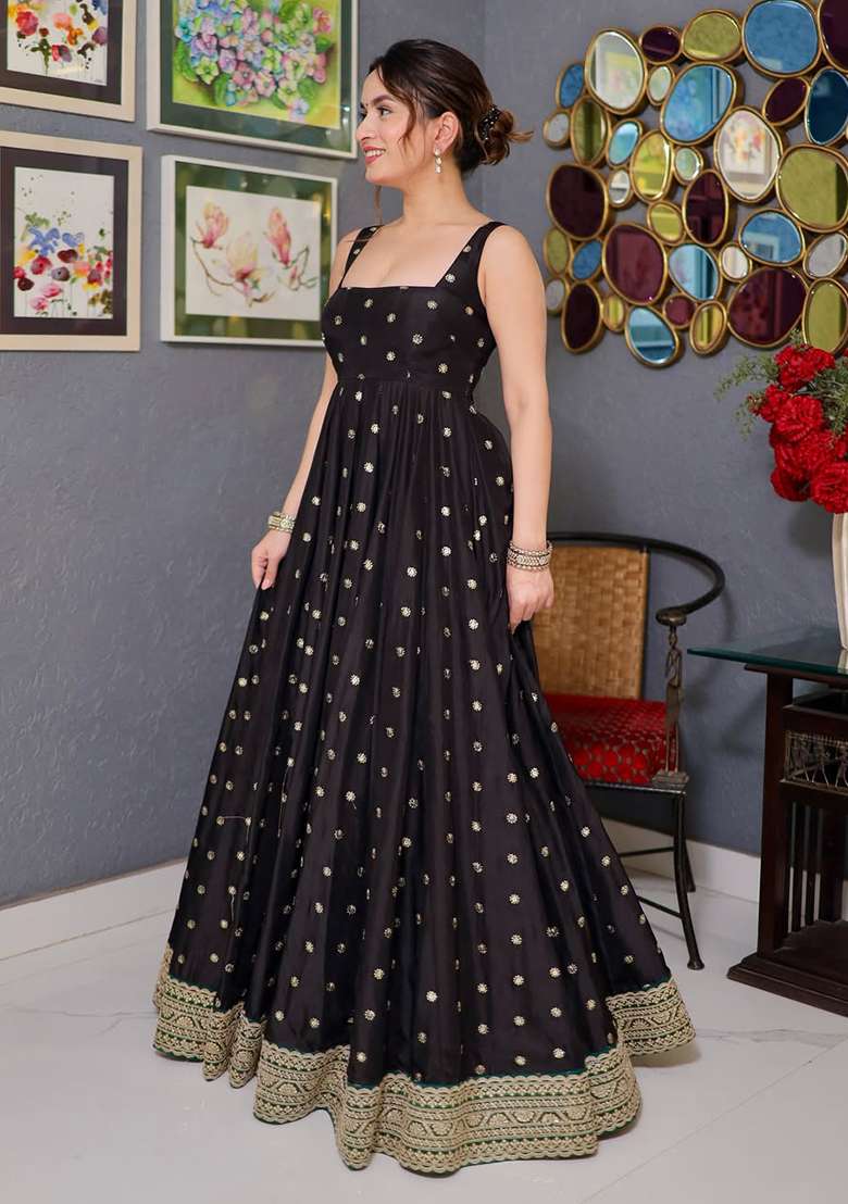 Black Embroidery Silk Anarkali Gown - Indya
