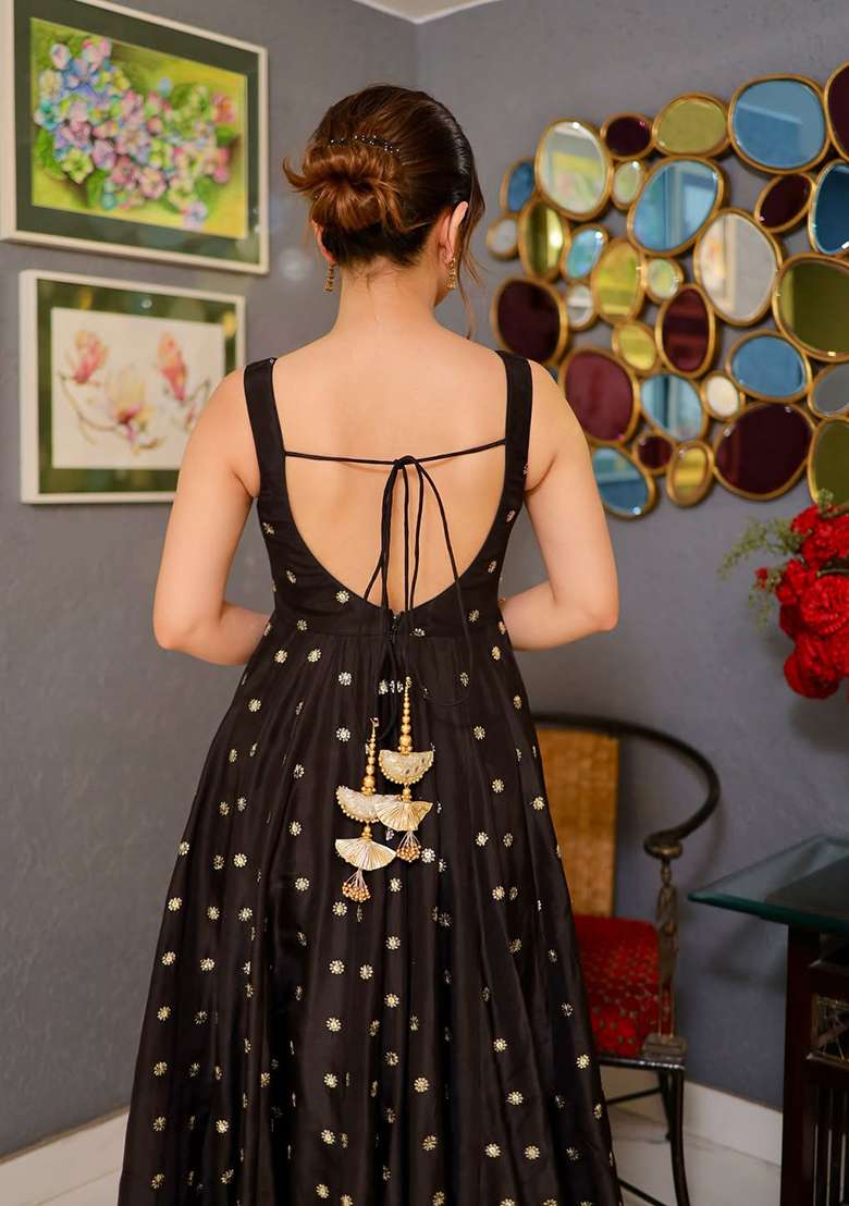 Black Embroidery Silk Anarkali Gown - Indya