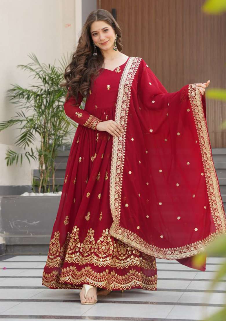 Maroon Embroidered Faux Blooming Anarkali Set - Indya