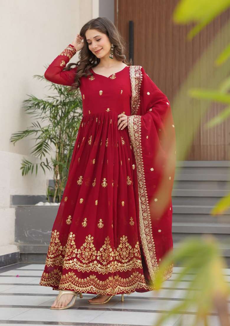 Maroon Embroidered Faux Blooming Anarkali Set - Indya