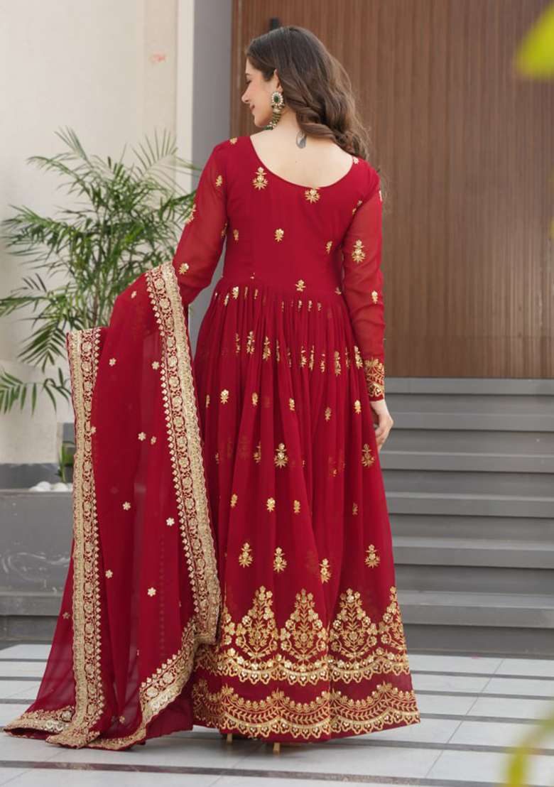 Maroon Embroidered Faux Blooming Anarkali Set - Indya