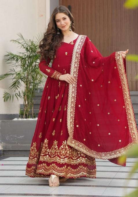 Maroon Embroidery Faux Blooming Anarkali Gown