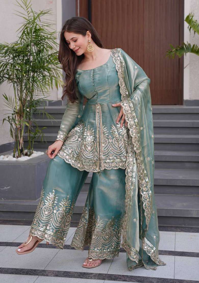 Teal Blue Embroidered Silk Blend Sharara Set - Indya