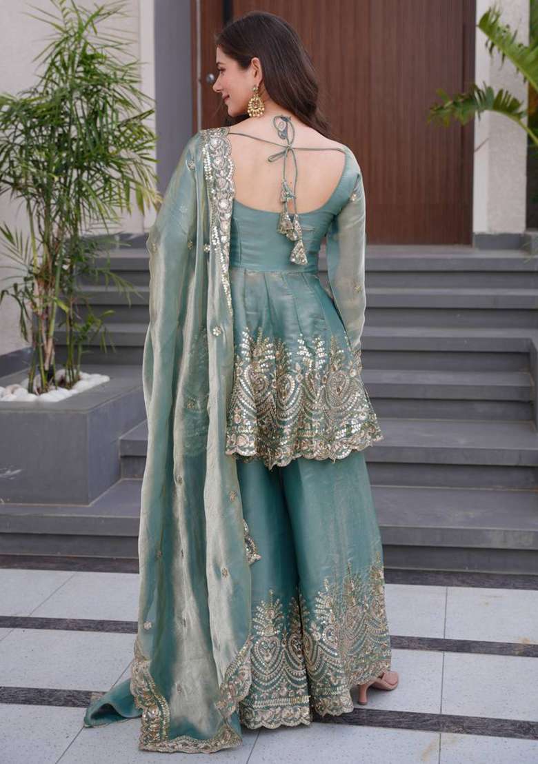 Teal Blue Embroidered Silk Blend Sharara Set - Indya