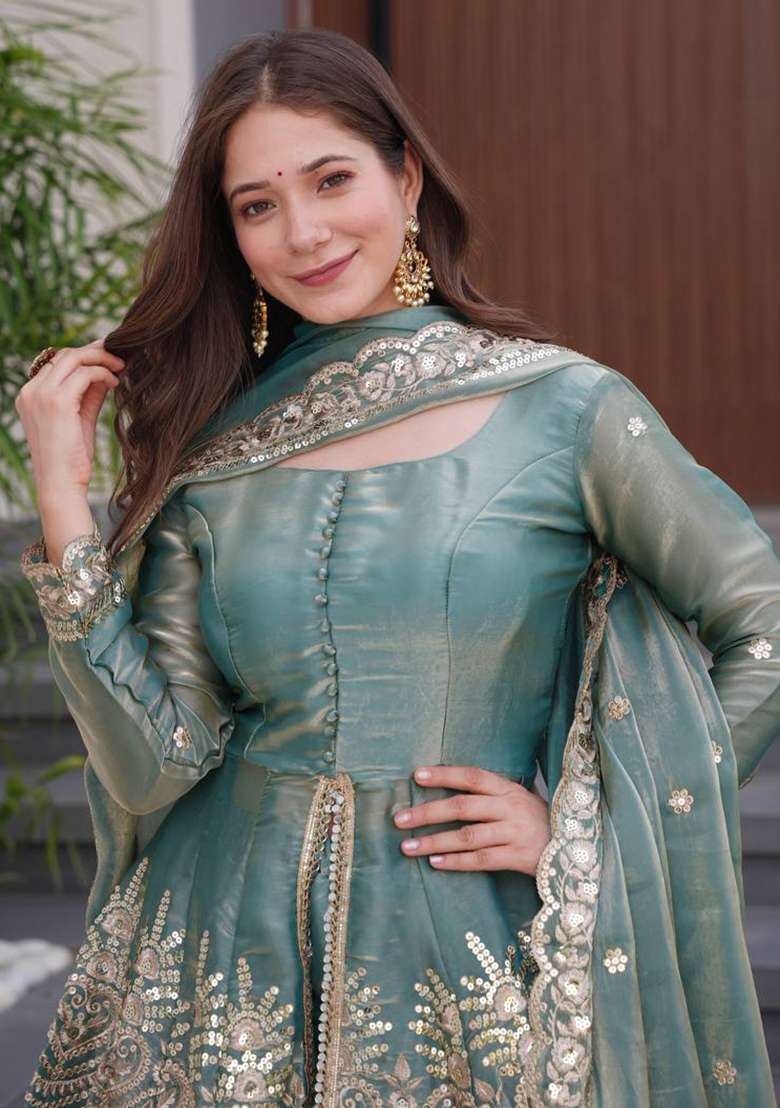 Teal Blue Embroidered Silk Blend Sharara Set - Indya