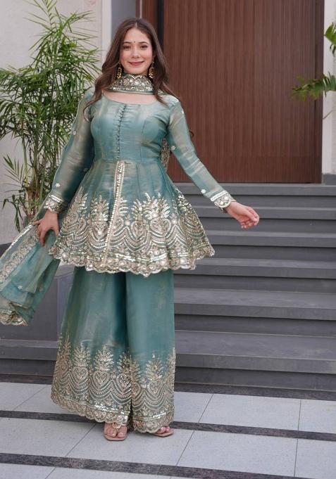 Teal Blue Embroidery Silk Peplum Set