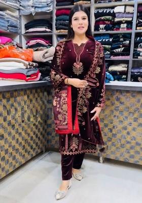 Maroon Embroidery Velvet Salwar Suit