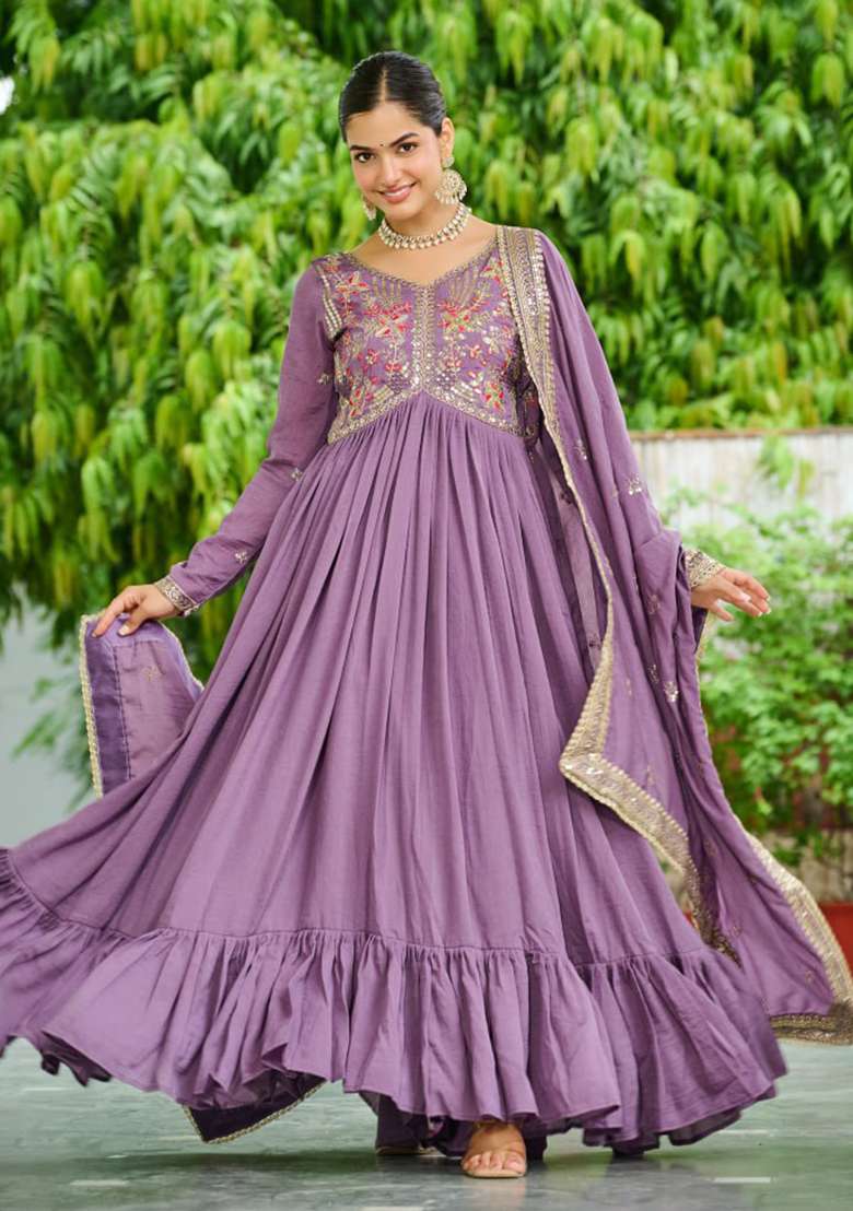 Lavender Embroidered Silk Blend Anarkali Set - Indya
