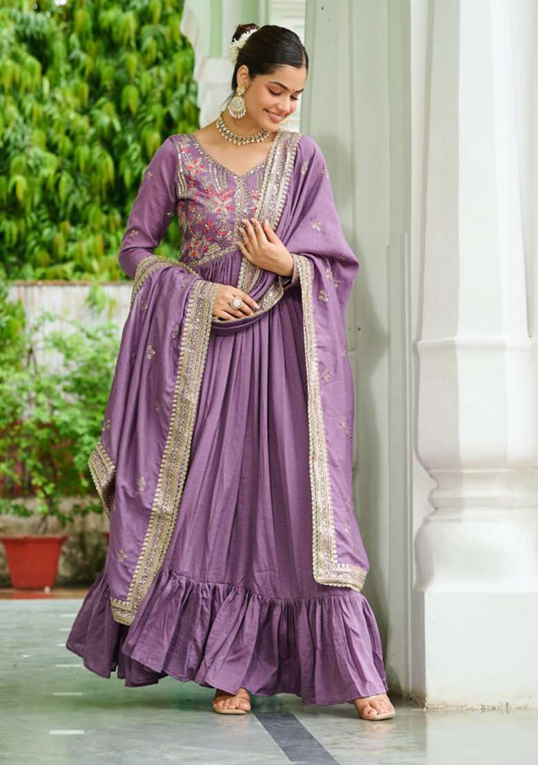 Lavender Embroidered Silk Blend Anarkali Set - Indya