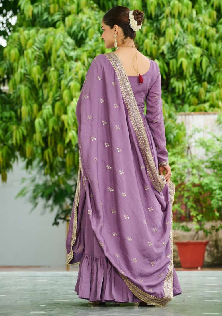 Lavender Embroidered Silk Blend Anarkali Set - Indya