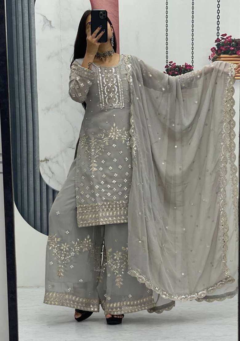 Grey Embroidery Georgette Salwar Suit - Indya