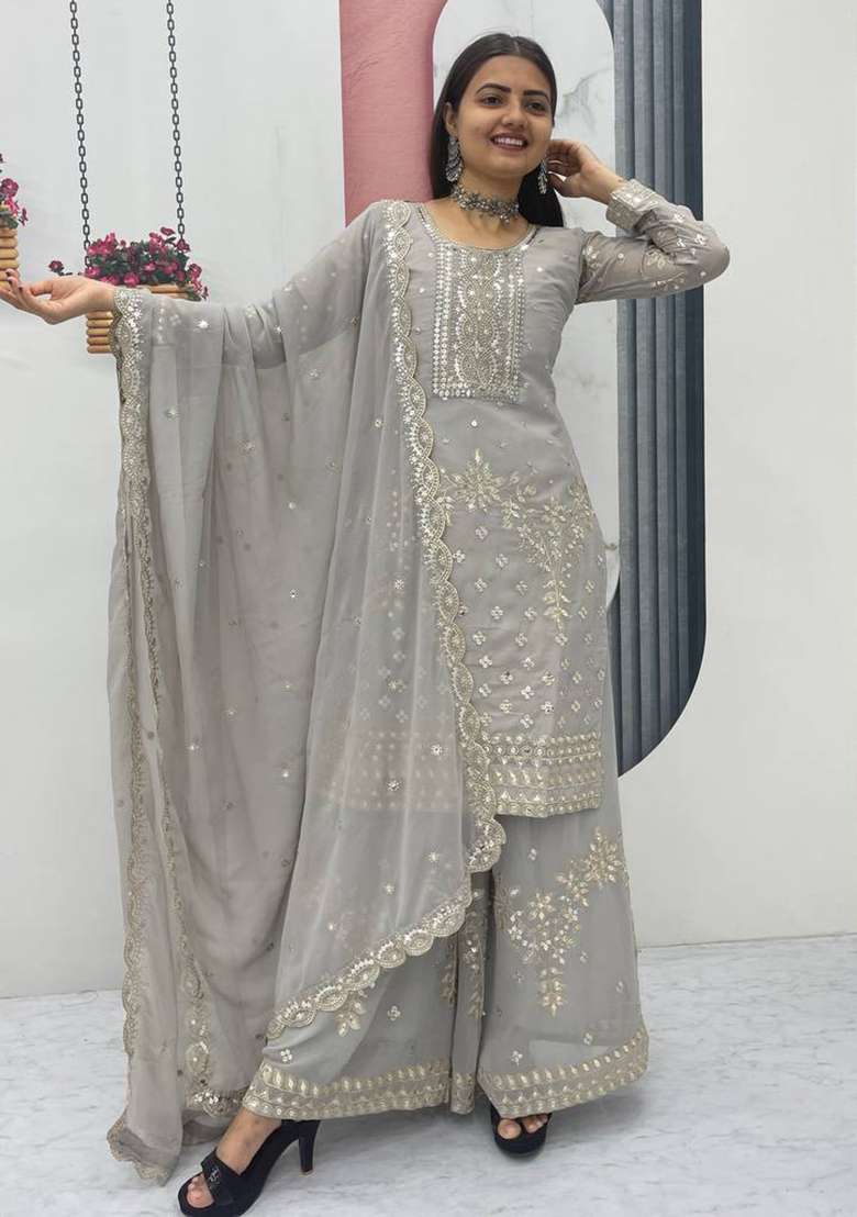 Grey Embroidery Georgette Salwar Suit - Indya
