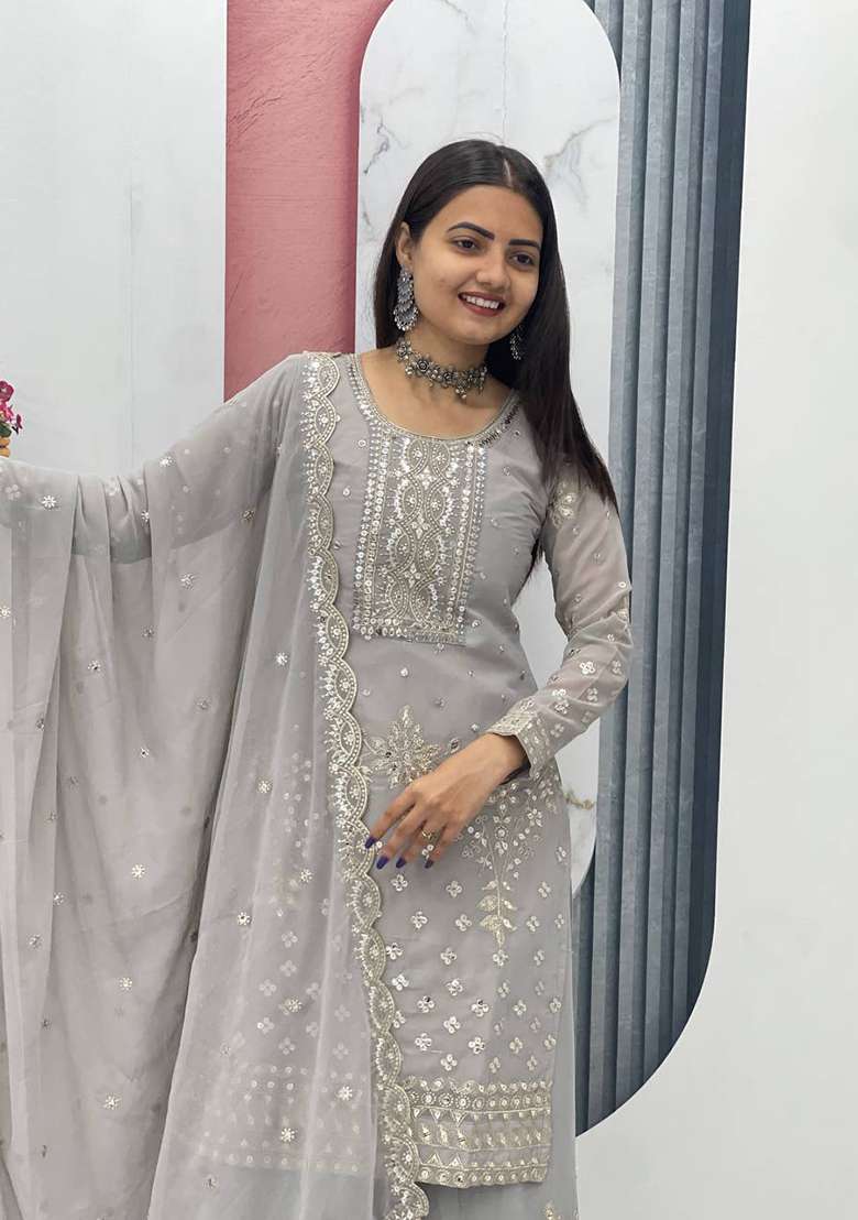 Grey Embroidery Georgette Salwar Suit - Indya