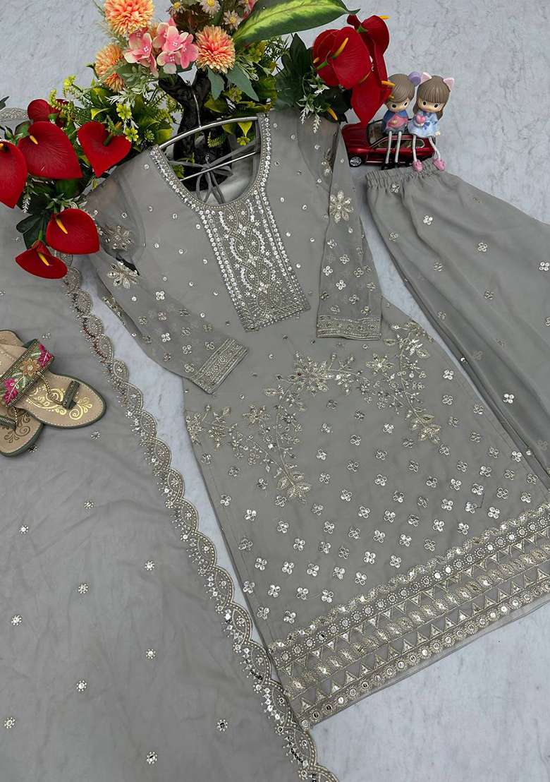 Grey Embroidery Georgette Salwar Suit - Indya