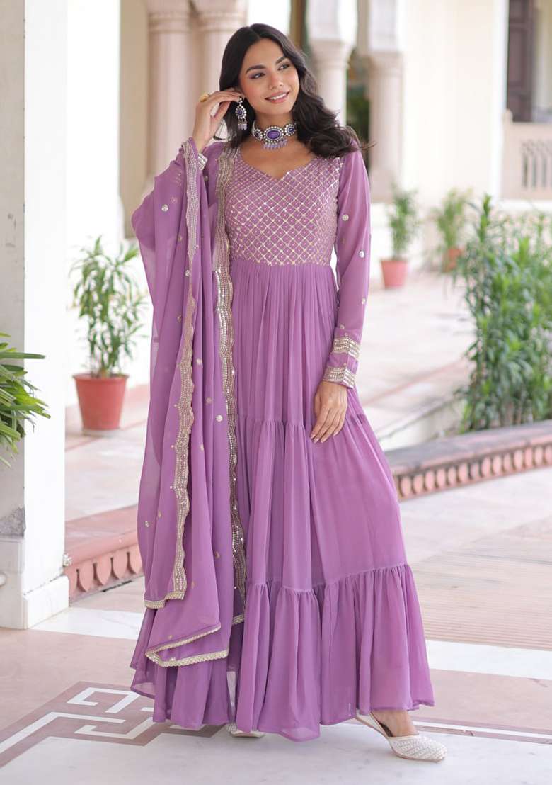 Onion Pink Embroidery Georgette Gown - Indya