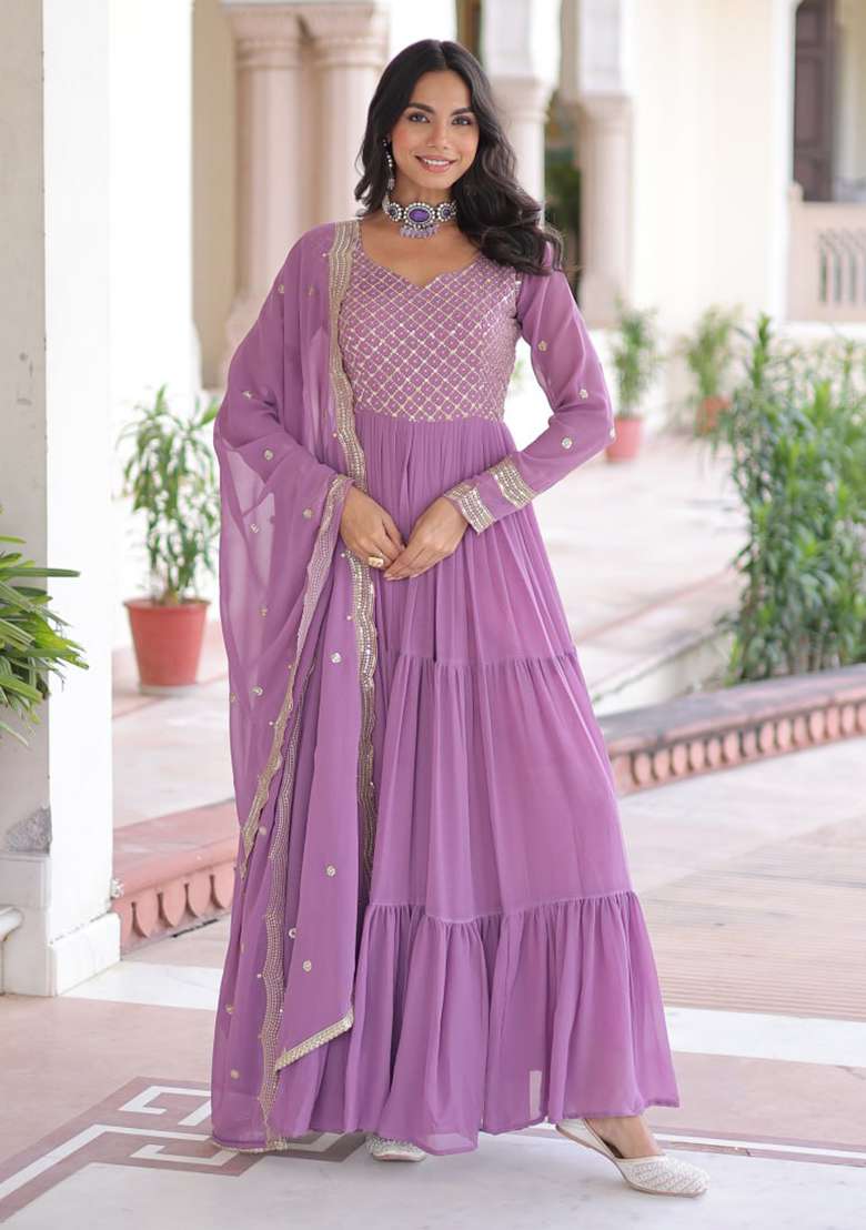Onion Pink Embroidery Georgette Gown - Indya