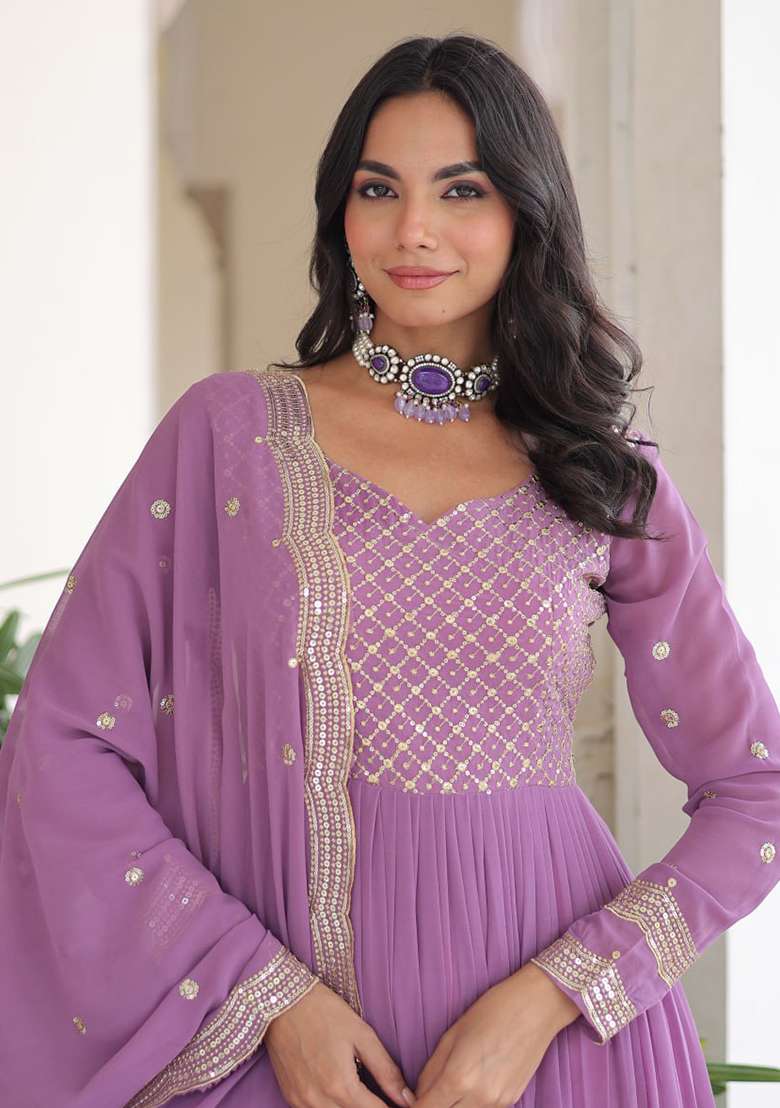 Onion Pink Embroidery Georgette Gown - Indya