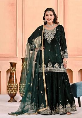 Green Embroidery Velvet Sharara Set