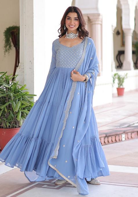 Sky Blue Embroidery Georgette Gown With Dupatta