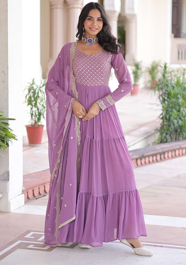 Onion Pink Embroidery Georgette Gown With Dupatta - Indya