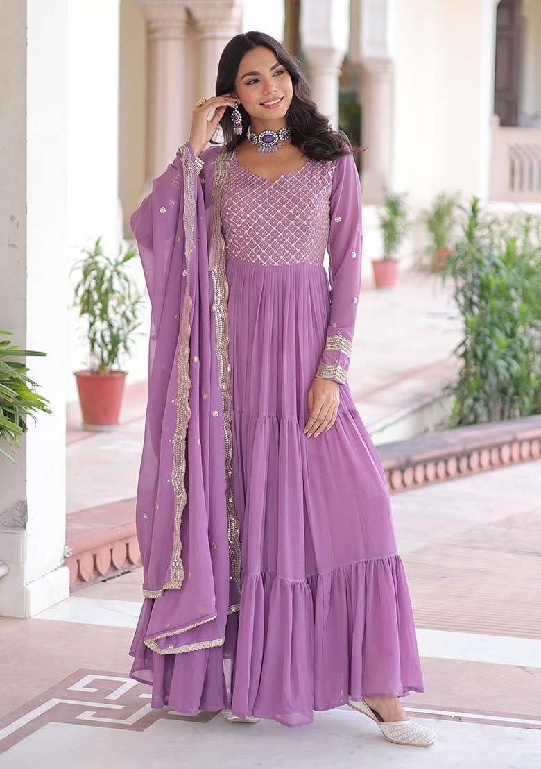 Onion Pink Embroidery Georgette Gown With Dupatta - Indya