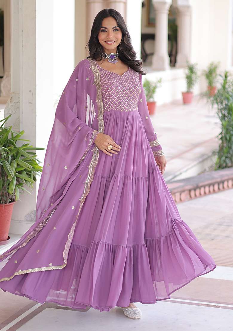 Onion Pink Embroidery Georgette Gown With Dupatta - Indya